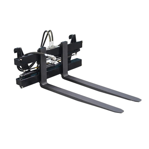 Heavy Duty Skid Steer Hydraulic Pallet Forks Featuring Hella Smooth Adjustable Tines for easy lifting in warehouses.