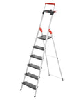 Six Step Aluminum Step Ladder With 330 Lb Capacity, 129.1 Inch Reach, Heavy Duty Build, Extendable Safety Bar, Locking Platform, Non Slip Steps, Tool Tray, Bucket Strap And Hook, EasyClix Ready For Fast Setup And Secure, High Reach Work. Front view on white.