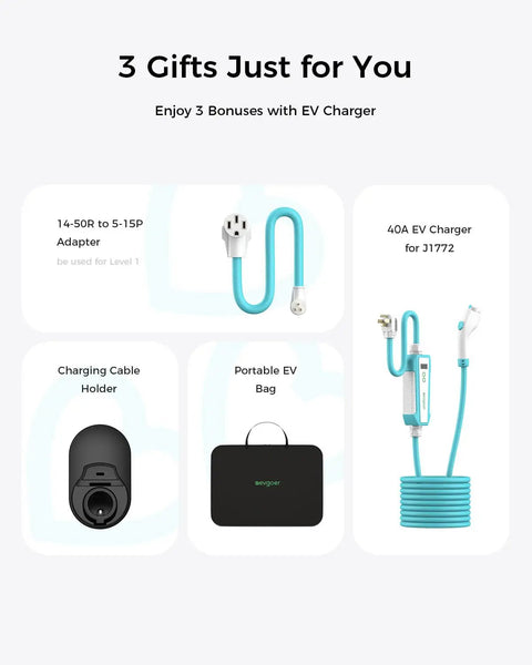 Gifts for Heavy Duty Level 2 EV Charger with 40 Amp Flexibility: Adapter, Charger for J1772, Holder, and EV Bag.