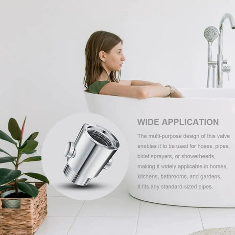 One Push Button Shower Shut Off Valve No Fuss With G1 2 Inch Fit Universal Water Flow Control For Shower Arm Hose Or Bidet Sprayer, Easy On Off, Bathroom Upgrade silver valve in bathroom use