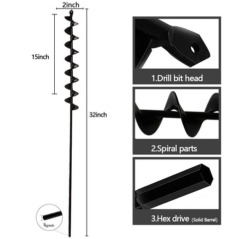 Diagram showing Extended Length Garden Auger Drill Bit For Planting Bulbs And Bedding Plants With Stand Up Digging, 32 Inch By 2 Inch.