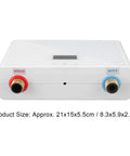 Compact Tankless Electric Water Heater With Remote Control For Instant Straight Up Hot Water At 3000 Watts No Preheating Needed, front view showing size and connections.