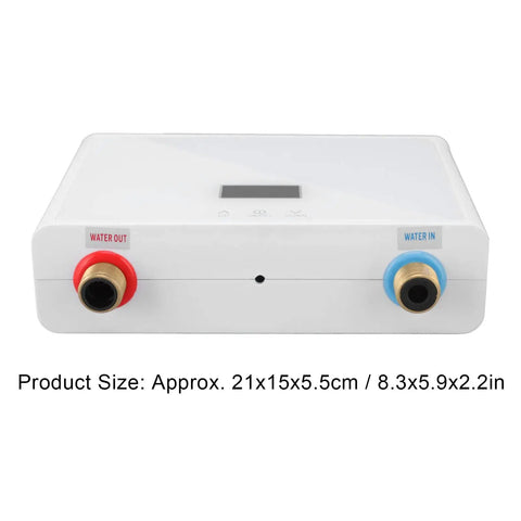 Compact Tankless Electric Water Heater With Remote Control For Instant Straight Up Hot Water At 3000 Watts No Preheating Needed, front view showing size and connections.