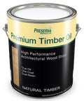 Product image of 1 gallon premium timber oil for architectural wood stain, featuring a black can with yellow and natural timber design.