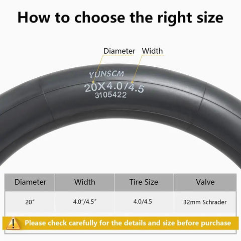 Tough As Nails Heavy Duty 20x4.0/4.5 E-Bike Inner Tubes Set With Butyl Material And Schrader Valve Premium Quality measurement chart