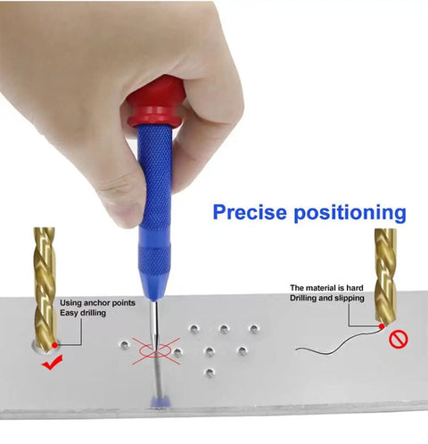 Hand using Five Piece Automatic Center Punch Kit Spring Loaded Adjustable Impact Built Tough Brass Drill Starter Pin on metal surface.