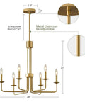 Shiny Gold 6 Light Candle Chandelier For Dining Room Living Room Kitchen And Foyer Over Table Ceiling Light Fixture 28 Inch E12 Bulb Compatible Modern Vintage Style diagram with dimensions and adjustable chain
