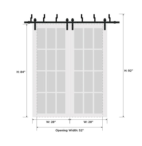 Diagram of Frosted Glass Sliding Barn Closet Doors With Hardware Kit, Modern Wood Solid Wardrobe Doors, sized 56In By 96In and two panels 28In each