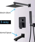 UMJIGF Shower System Wall Mounted Concealed Shower Faucet Set Multifunction Matte Black showing 8-inch rain shower head and spout.