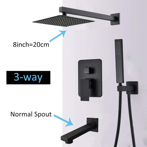 UMJIGF Shower System Wall Mounted Concealed Shower Faucet Set Multifunction Matte Black showing 8-inch rain shower head and spout.