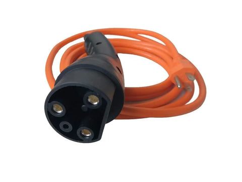 Top Shelf Ev Golf Cart Charger Cable 10 Feet Long 16 Amp 120V Plug Compatible With Club Car Models, detailed view of charging plug and orange cord.