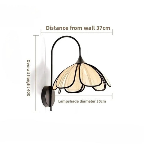 Nordic Floral Petal Wall Sconce Fabric Shade Wall Light,Warmth with black metal arm, 37cm distance from wall, 30cm shade diameter.