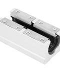 20mm Aluminum Alloy Linear Motion Ball Bearing Slide Bushing With Rock Solid Slide Unit And Dead Smooth Oxidized Rail For Heavy Duty Transmission Systems close-up of the slide block with sealed bearings and screws.