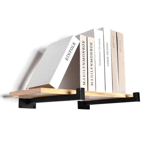 Hella Sturdy Heavy Duty Wall Mount Shelf Brackets Four Piece Set In Matte Black Cold Rolled Steel Support Hardware For Home Storage And Garden Displays Built Like A Tank For Daily Life, supporting books in a modern display.
