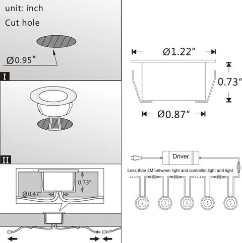 Diagram showing measurements and installation for Lit LED Deck Lights Kit 10 Pack RGBW Recessed Low Voltage In Ground Lighting.