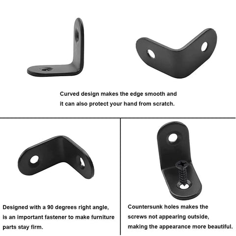 Tough As Nails 50 Pack Black Stainless Steel L Brackets And Corner Supports With Complete Screw Set, showcasing curved edges for safety.