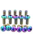 Rad Ultra Lightweight M5x10 Titanium Disc Brake Bolts With Torx T25 Drive And Anti Vibration Rubber Inserts arranged in vibrant colors.