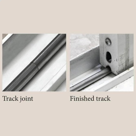 Close-up of One Quarter Inch Wide Sliding Glass Door Track Cover Six Feet Long Heavy Duty Stainless Steel Track Repair Shield installed