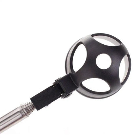 Close-up of stainless telescopic golf ball retriever scoop with release mechanism, part of 2-meter extendable rustproof ball collector