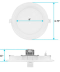 6-Inch Ultra Thin LED Recessed Lighting Kit With 14W Dimmable Wet Rated Wafer Lights, Five Color Temp Options, top and side view
