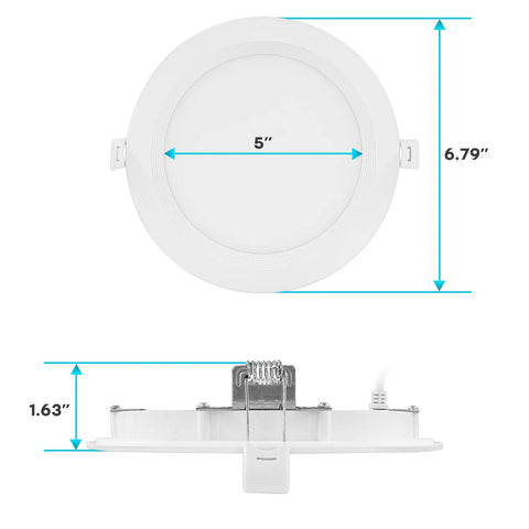 Ultra Thin 6 Inch LED Recessed Light Kit With 14W Dimmable Wet Rated Wafer Lights, side and front view, dimensions shown