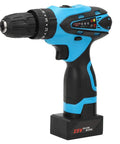 Rock Solid 25V Cordless Drill Driver featuring a black and blue design with a rechargeable battery for home repairs.