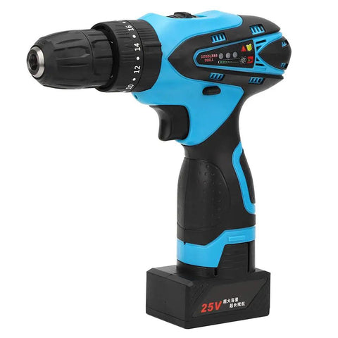 Rock Solid 25V Cordless Drill Driver featuring a black and blue design with a rechargeable battery for home repairs.