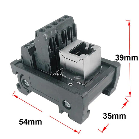 RJ45 8P8C DIN Rail Mount Breakout Board With Screw Terminals One Way Vertical Jack Ethernet Connector dimensions 54x39x35mm