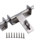 Heavy Duty Stainless Steel Slide Bolt Gate Latch Beefed Up Rock Solid Barn Door Security Lock With Countersunk Screws Rust Resistant Build in a close-up view with included screws.