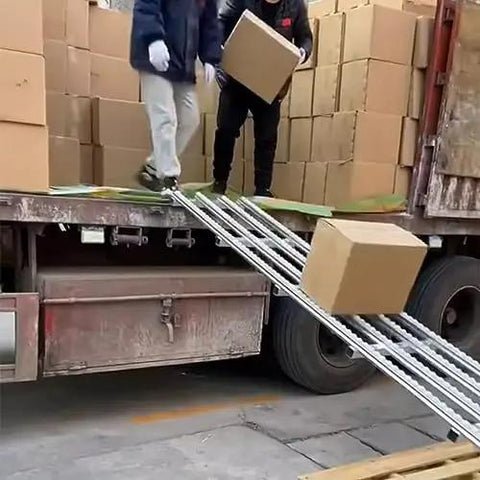 Workhorse Unpowered Conveyor Roller System For Easy Move Of Barrels, Cartons, And Beverages In Warehouses And Distribution Centers With ABS Plastic Rollers And Steel Frame In 30 40 50 Cm Widths The Ultimate DIY Factory Setup unloading cartons from truck