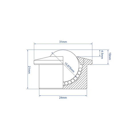 Top Shelf Roller Ball Transfer Bearings And Casters For Industrial Conveyor Rig cross-section diagram with dimensions.