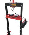 Rugged Gearhead Favorite 12 Ton Manual Hydraulic Shop Press with settings, featuring gauge and side shifting ram for auto repair.