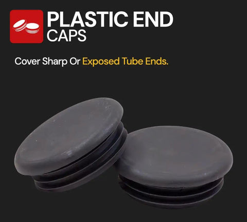 Plastic end caps for covering sharp or exposed tube ends, shown in black color.