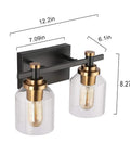 Dimensions of Slick Two Light Industrial Style Bathroom Vanity Light with clear glass shades, matte black finish, bronze accents.