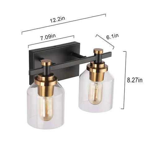 Dimensions of Slick Two Light Industrial Style Bathroom Vanity Light with clear glass shades, matte black finish, bronze accents.