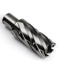 Angled view of OSCARBIDE annular cutter with Weldon shank, 1-1/8 in cutting diameter, 2 in depth of cut