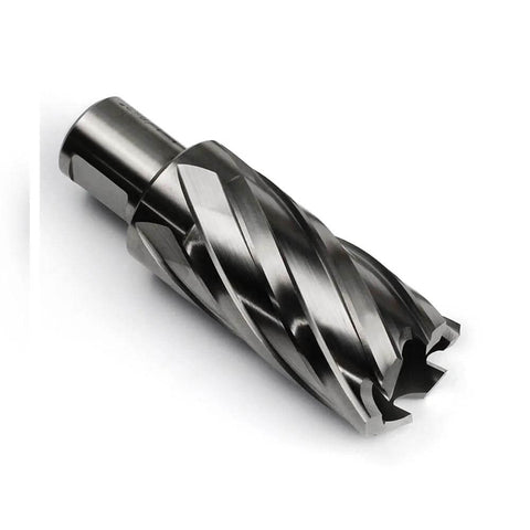 Angled view of OSCARBIDE annular cutter with Weldon shank, 1-1/8 in cutting diameter, 2 in depth of cut