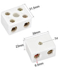 2-way ceramic terminal block, white porcelain, front and top views for electrical wiring.