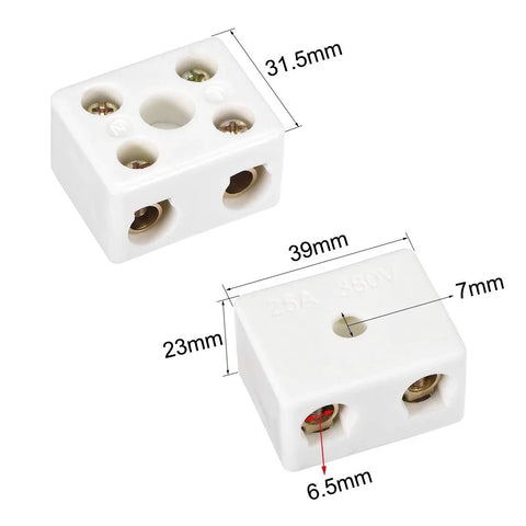 2-way ceramic terminal block, white porcelain, front and top views for electrical wiring.
