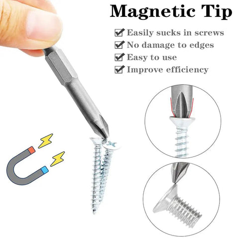Hella Sturdy Heavy Duty Tri Wing Y Shaped Screwdriver Drill Bits Set Quarter Inch Hex Shank Magnetic S2 Steel Quick Change showing magnetic tip gripping screws.