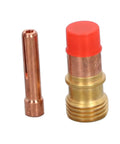 Top Tier 9 Piece TIG Welding Torch Kit With Collet Gas Lens Glass Cup Gasket O Ring For WP 17 18 26 Silly Brass Consumables Steel, includes red-tipped gas lens and collet.