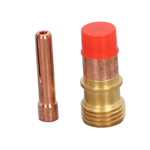 Top Tier 9 Piece TIG Welding Torch Kit With Collet Gas Lens Glass Cup Gasket O Ring For WP 17 18 26 Silly Brass Consumables Steel, includes red-tipped gas lens and collet.