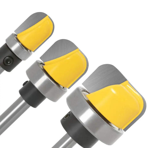 Three Piece 1/4 Inch Shank Bowl And Tray Template Router Bit Set with ball bearing and tungsten carbide cutters close-up.
