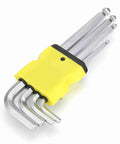 Solid Steel Ball End Hex L Wrench Set With Full 9 Piece SAE Manual Kit For Mechanics And Gears Ranging From 3/8 To 1/16 Inch Sized Perfect For All Your Heavy Duty Repair Jobs And Technical Fix Ups Any Time. 9-piece SAE ball end hex wrench set in yellow holder