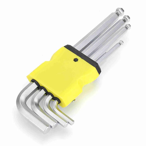Solid Steel Ball End Hex L Wrench Set With Full 9 Piece SAE Manual Kit For Mechanics And Gears Ranging From 3/8 To 1/16 Inch Sized Perfect For All Your Heavy Duty Repair Jobs And Technical Fix Ups Any Time. 9-piece SAE ball end hex wrench set in yellow holder