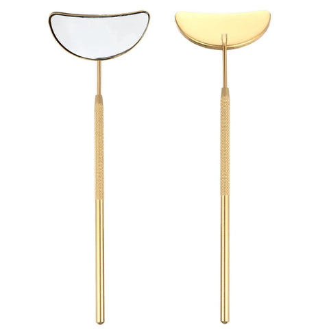 2 Pack Lash Mirror For Eyelash Extensions, pro grade stainless steel half moon mirrors with gold handles