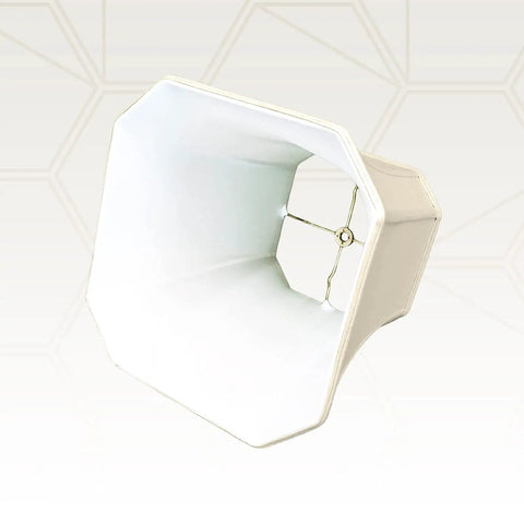 Square Cut Corner Linen Beige Lamp Shade 11 x 17 x 15 Dope Look With Hand Tailored Silk Type Shantung Fabric And Premium Off White Softback Lining Brass Finish Spider Fitter close-up. View facing open side.