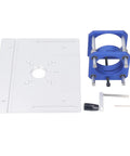 Heavy Duty Router Table Lift Kit With No Hassle Aluminum Flip Insert Plate and Quick Grip Wrench showing components including blue mount.