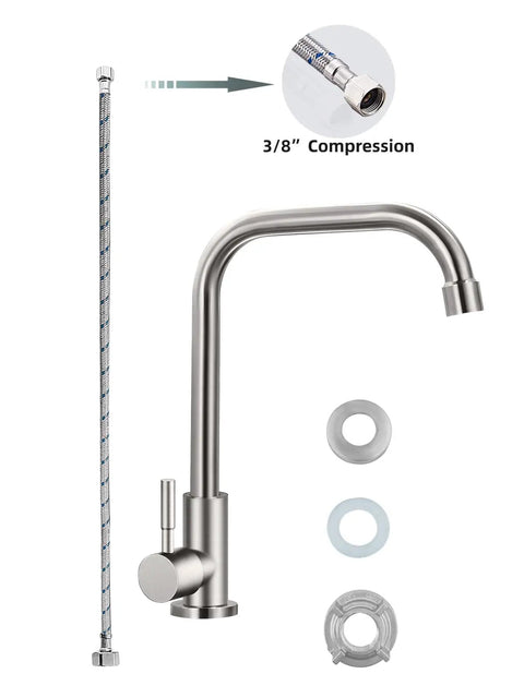 Top Tier Cold Only Kitchen Sink Faucet Single Hole Install Sus 304 Stainless Steel With Brushed Nickel Finish parts and installation details.
