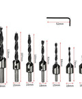 Heavy Duty 7 Piece Countersink Drill Bit Set For Woodworking Countersunk Head Milling Cutters 3 Through 10mm Precision Furniture Bits, various sizes displayed